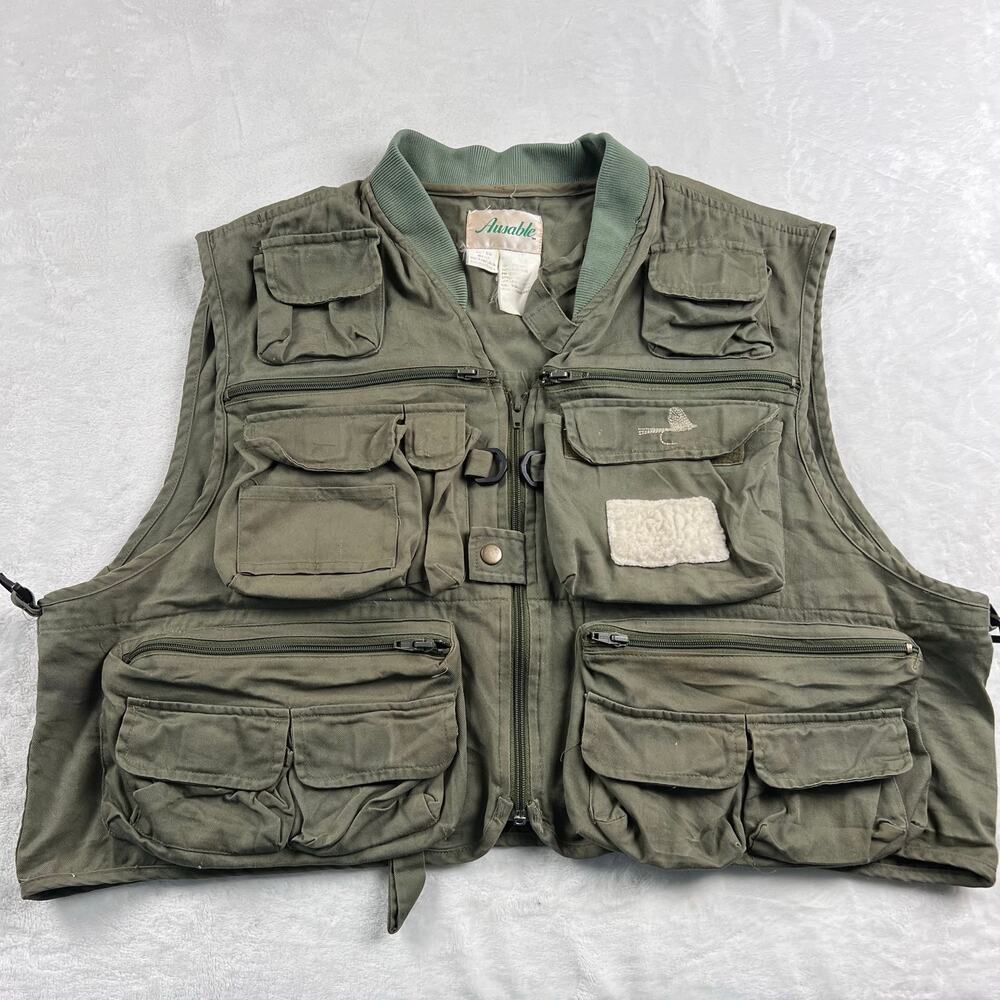 Ausable Vintage Green Fly Fishing Vest Size XL Full Zip Pockets Outdoor Sport